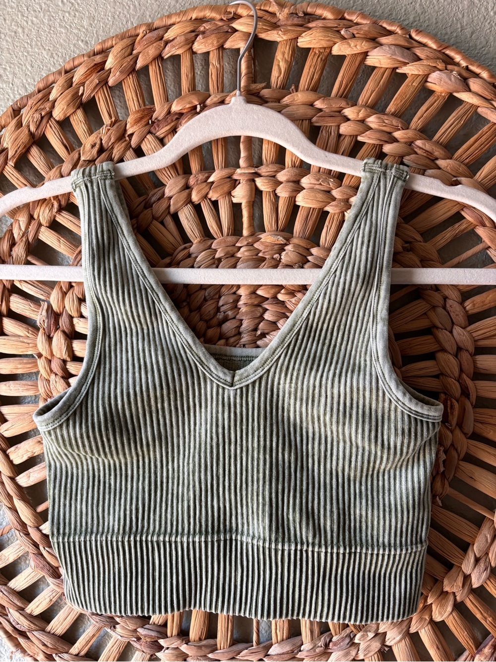 NaNa Olive Ribbed V-Neck Crop Top